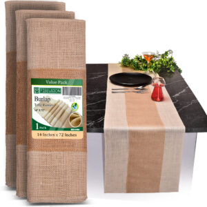 Burlap runner with centerpiece natural – 14″ x 72″ (6 pack), rustic farmhouse table décor for Christmas, wedding, or Thanksgiving